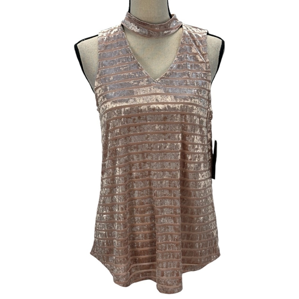 Bcx Sleeveless Choker Neck Semi Sheer Striped Velvet Tank Top - Mauve Pink - Lrg